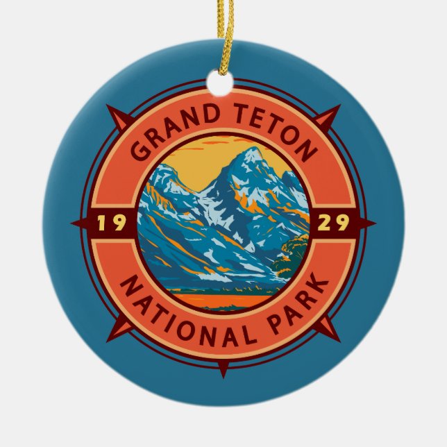 Grand Teton National Park Retro Compass Emblem Julgransprydnad Keramik (Framsidan)