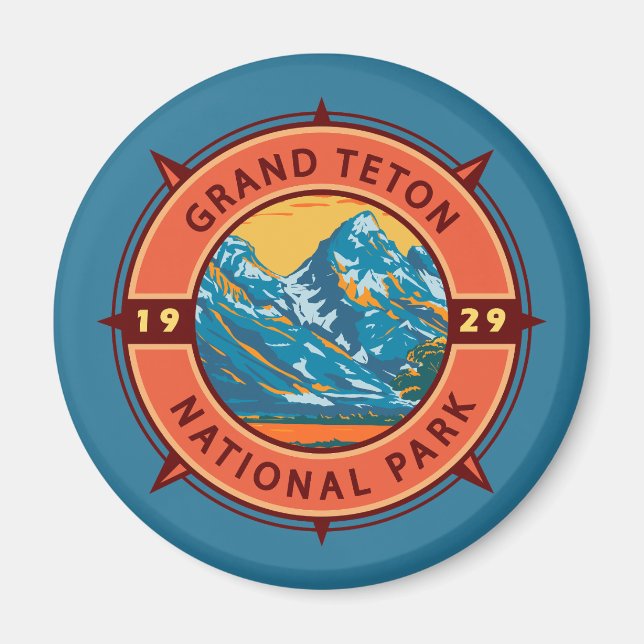 Grand Teton National Park Retro Compass Emblem Magnet (Framsidan)