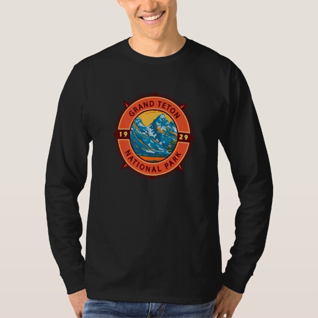 Grand Teton National Park Retro Compass Emblem Pre T Shirt (Framsida)
