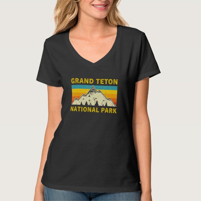 Grand Teton National Park Retro Style Mountain Sun T Shirt (Framsida)