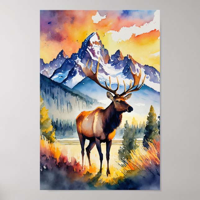 Grand Teton nationalpark Elk Wyoming Watercolor Poster (Framsidan)