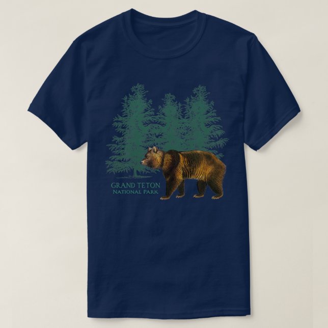 Grand Teton nationalpark Wyoming Bear Träd Retro T Shirt (Design framsida)