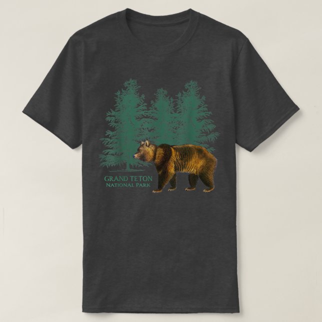Grand Teton nationalpark Wyoming Bear Träd Retro T Shirt (Design framsida)