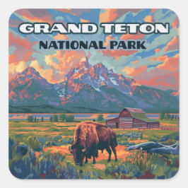 Grand Teton nationalparksbergen Bison Wyoming Fyrkantigt Klistermärke