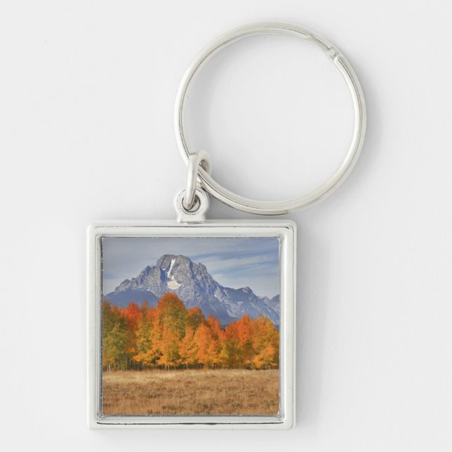 Grand Teton NP, Mount Moran och asp-träd Fyrkantig Silverfärgad Nyckelring (Framsidan)
