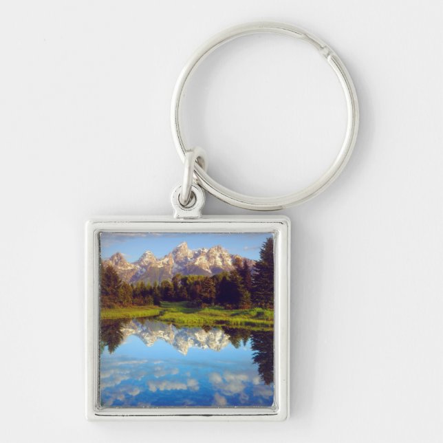 Grand Tetons speglas i Snake River Fyrkantig Silverfärgad Nyckelring (Framsidan)