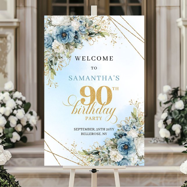 Grand Watercolor dammig blå guld 90-årsdag  Poster (Grand Watercolor dusty blue gold 90th birthday welcome)