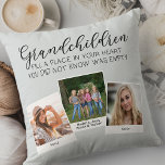 Grandchild Dikt 3 Photo Collage Silver Grått Kudde<br><div class="desc">Fotokudde för morföräldrar eller barnbarn i anpassningsbar. Dikt lyder "barnbarn fyller ett ställe i ditt hjärta som du inte visste var tomt" och är skriven med elegant kalligrafi och vismisk versaltypografi. Fotomallen är inställd så att du kan lägga till 3 av bilderna som du föredrar, som visas i en enkel...</div>