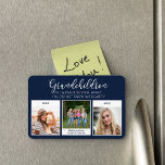Grandchild Quote 3 Snapshot Photo Blue Magnet<br><div class="desc">Lägg till egna foton till den här flexibla magneten. Dikt för barnbarn lyder: "Barnbarn fyller ett ställe i ditt hjärta som du inte visste var tomt" med handbrev med kärlek-hjärtan. Fotomallen har konfigurerats så att du kan lägga till 3 foton, som visas i kvadratiskt/instagram-format med vitt ramar, där du kan...</div>