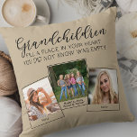 Grandchildren Dikt 3 Photo Collage Beige Kudde<br><div class="desc">Fotokudde för morföräldrar eller barnbarn i anpassningsbar. Dikt lyder "barnbarn fyller ett ställe i ditt hjärta som du inte visste var tomt" och är skriven med elegant kalligrafi och vismisk versaltypografi. Fotomallen är inställd så att du kan lägga till 3 av bilderna som du föredrar, som visas i en enkel...</div>