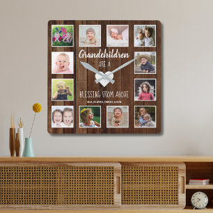 Grandchildren Quote 12 Photo Collage Pallet Wood Fyrkantig Klocka
