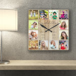 Grandchildren Quote 12 Photo Wood Anpassningsbar S Fyrkantig Klocka<br><div class="desc">Fotoklocka för morföräldrar med 12 av dina favoriter bilder. Skapa ditt eget rutnätsfoto för stil och lägg till barnbarnbarnbarnens namn (2 till 8 namn ser bäst ut). Ordalydelsen lyder: "Farbarn fyller en ställe i ditt hjärta som du inte visste var tom" i handskrivet skrivet kallt versalskript och elegant som typografi...</div>
