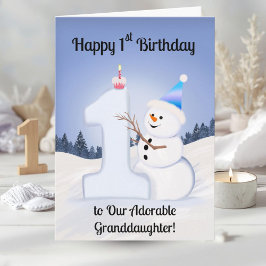Granddaughter Happy 1st Birthday Snowman Building Kort