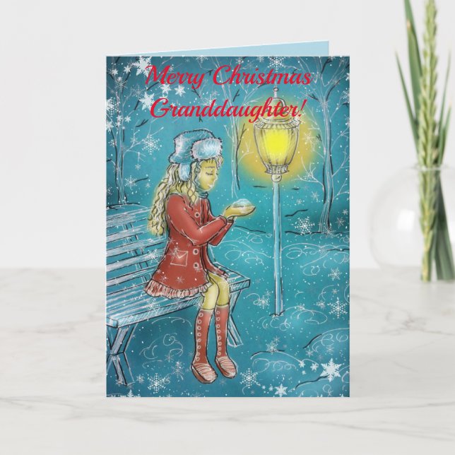 GRANDDAUGHTER PÅ BENCH CHRISTMAS-KORT TACK KORT (Framsida)