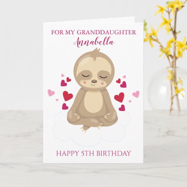 Granddotter Femte födelsedagen Cute Rosa Sloth Pho Kort (Gul blomma)