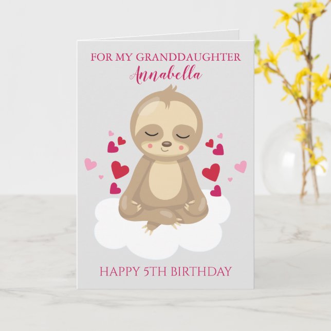 Granddotter Femte födelsedagen Cute Rosa Sloth Pho Kort (Gul blomma)