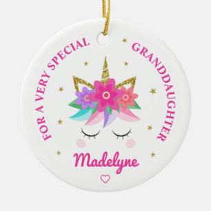 Granddotter Unicorn Rosa Flowers Personlig Julgransprydnad Keramik