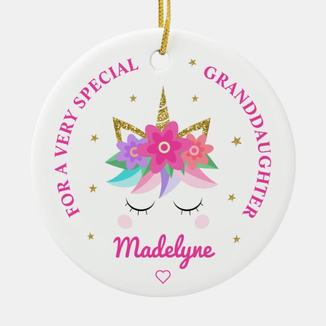 Granddotter Unicorn Rosa Flowers Personlig Julgransprydnad Keramik (Framsidan)