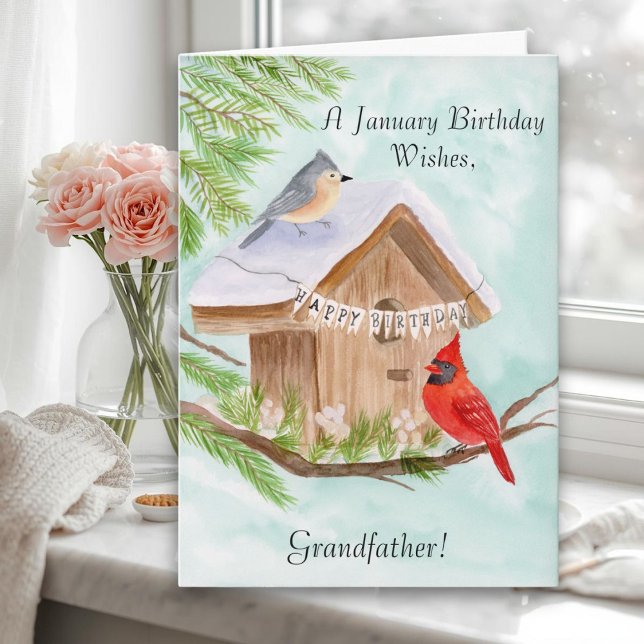  Grandfather Happy January Birthday Birds Kort (Skapare uppladdad)