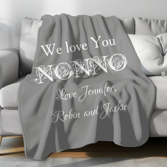 Grandfather NONNO Custom Names Modern Cute Fleecefilt ("We Love You NONNO" personalized gray fleece blanket.)