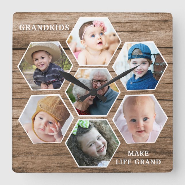 Grandkids Make Life Grand 7 Photo Collage Wood Fyrkantig Klocka (Framsida)