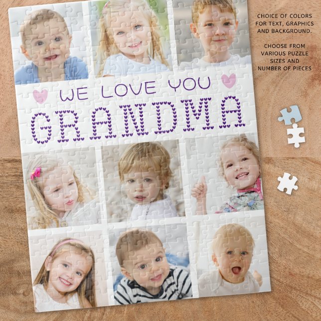 Grandma 9 Photo Collage Hearts Anpassningsbar Färg Pussel (Skapare uppladdad)