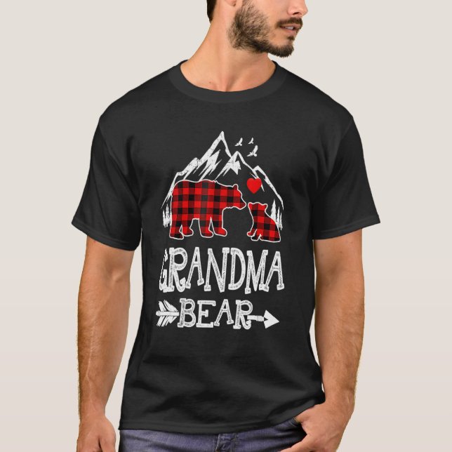 Grandma Bear Christmas Pajama Red Plaid Buffalo Fa T Shirt (Framsida)