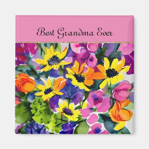 GRANDMA - Best Grandma Aldrig, vattenfärgsblommor Magnet