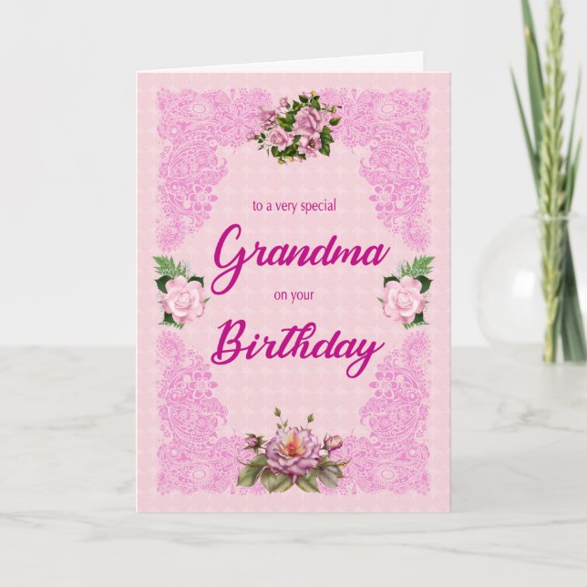 Grandma Birthday med Rosa ros Card Kort (Framsida)