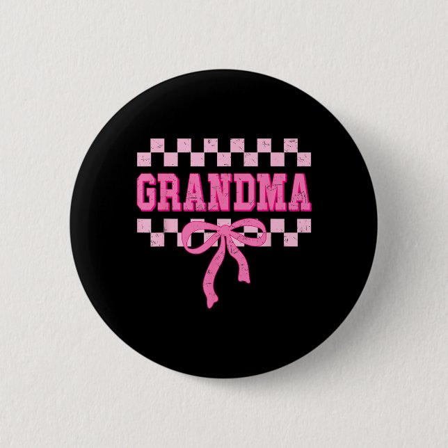 Grandma Birthday Squad Matching Pink Bow Checkered Knapp (Framsida)