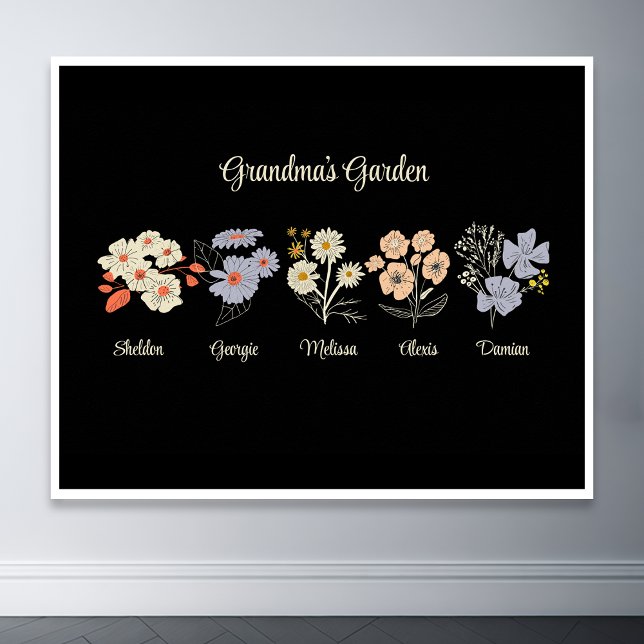Grandma Blomsterträdgård Anpassningsbar 5 Namn Vin Poster (grandma flower garden with grandkids name floral poster)