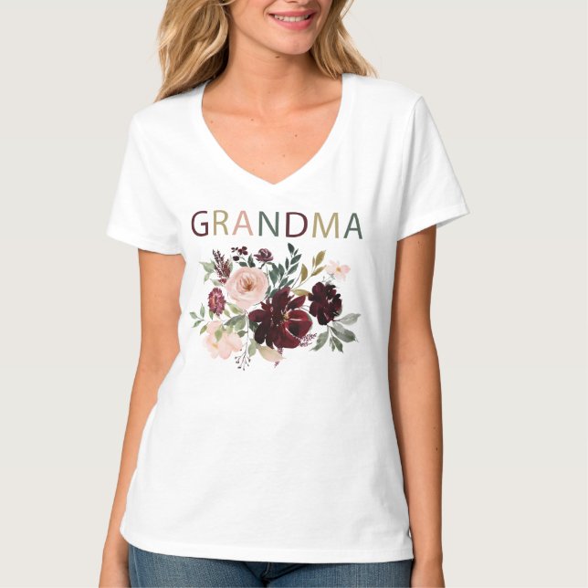 Grandma Burgundy Blommigt Watercolor Shirt 2 T Shirt (Framsida)
