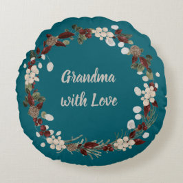 Grandma Christmas wreath on a rich teal  Rund Kudde