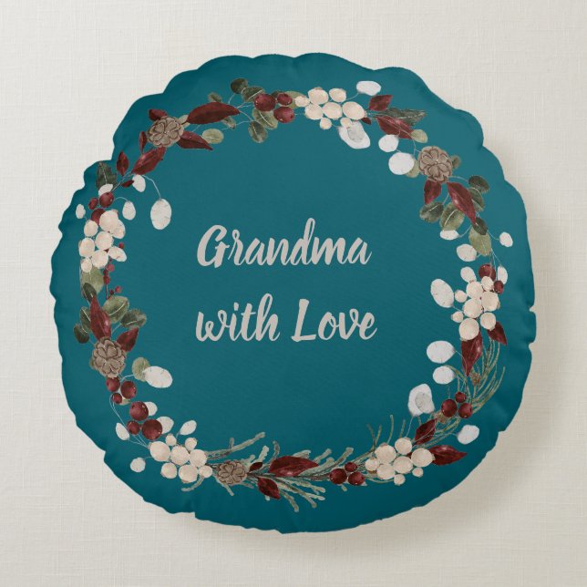 Grandma Christmas wreath on a rich teal  Rund Kudde (Framsidan)