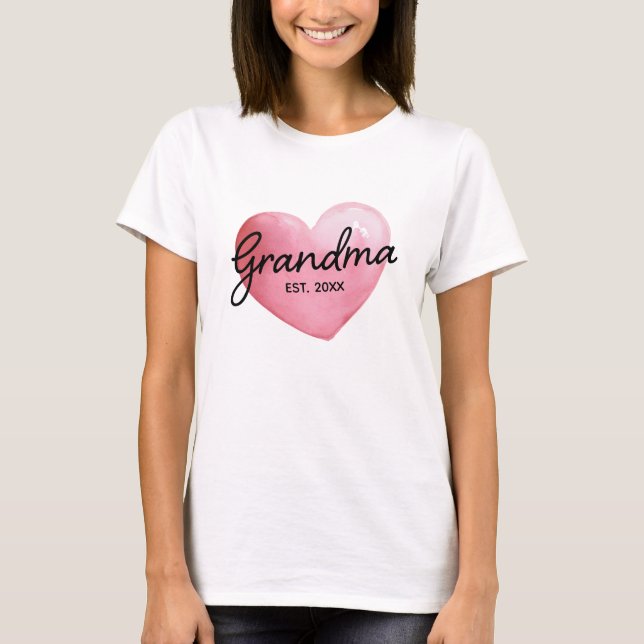 Grandma Est Year Watercolor Heart T Shirt (Framsida)