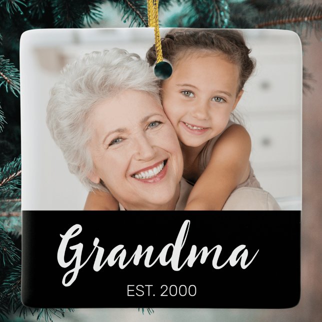 Grandma Established Black White Script Photo Julgransprydnad Keramik (Skapare uppladdad)
