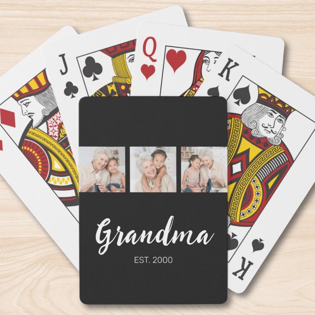 Grandma Established Modern Script 3 Photo Black  Casinokort (Skapare uppladdad)