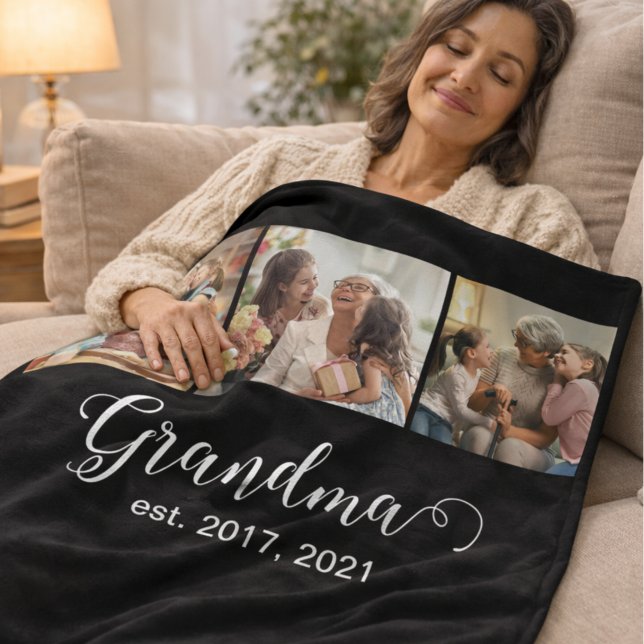 Grandma Established Script Gift 3 Photo Fleecefilt (Skapare uppladdad)