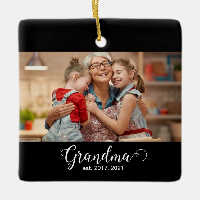 Grandma Established Script Gift Photo Julgransprydnad Keramik (Framsida)