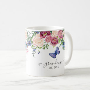 Grandma Etablerad Burgundy Blommigt Vattenfärg Kaffemugg