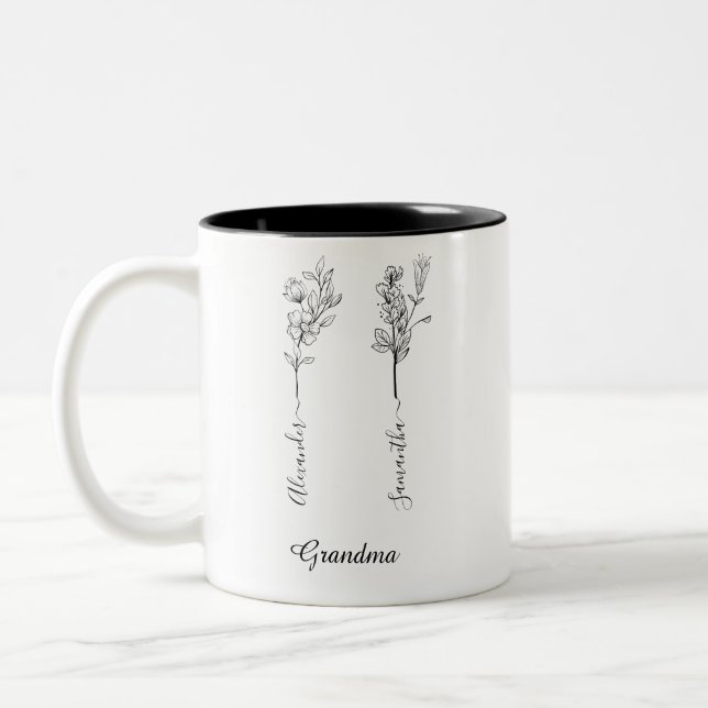 Grandma Flower Gift med Anpassningsbar 2 Barnbarn  Två-Tonad Mugg (Vänster)