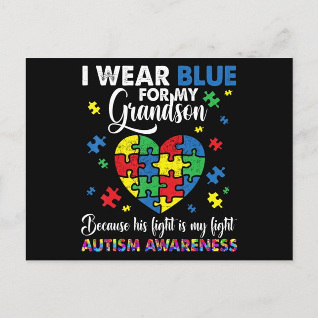 Grandma Grandpa I Wear Blue For My Grandson Autism Vykort (Framsida)