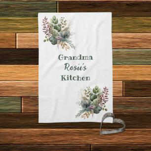 Grandma Kitchen   Personlig Watercolor Greenery Kökshandduk