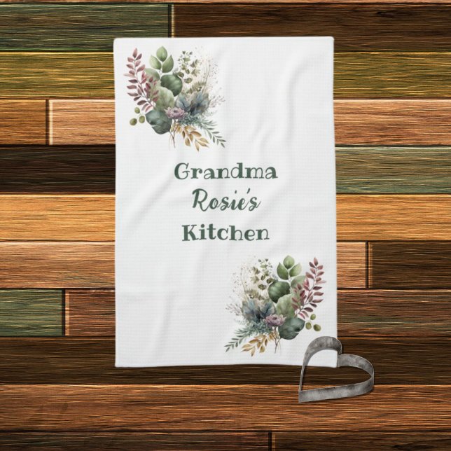 Grandma Kitchen | Personlig Watercolor Greenery Kökshandduk (Skapare uppladdad)