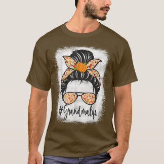 Grandma Life Messy Bun Autumn Fall Bleached Family T Shirt