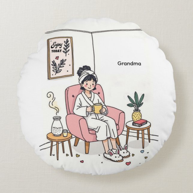 Grandma Mother's Day Cozy Relaxing Illustration Rund Kudde (Framsidan)