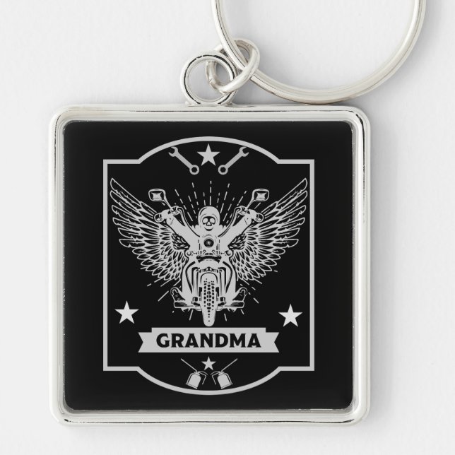 Grandma Motorcykel Rider Fyrkantig Silverfärgad Nyckelring (Framsidan)