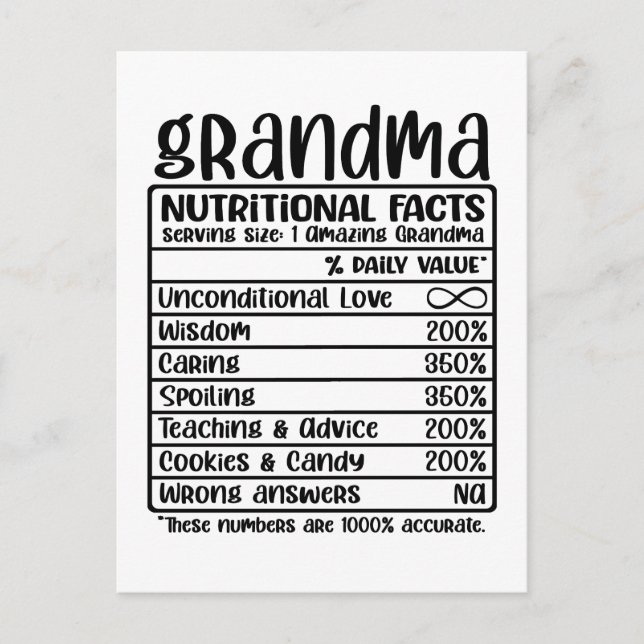 Grandma Nutritional Facts Vykort (Framsida)