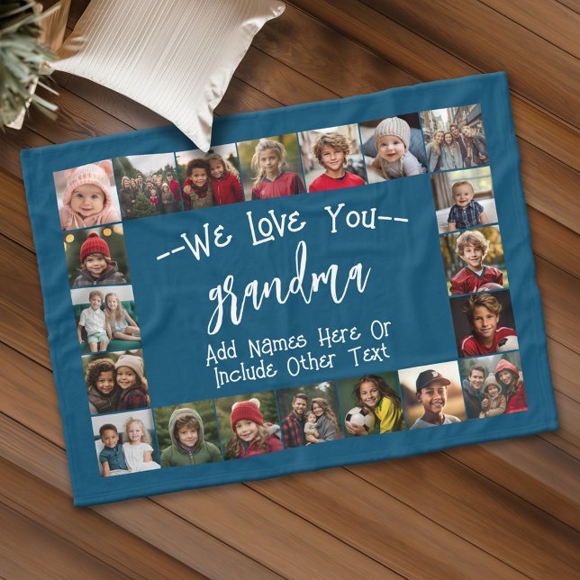 Grandma Photo Collage - upp till 20 foton Blue Fleecefilt (Grandma Gift - Personalized fleece blanket with 20 photos and custom text)