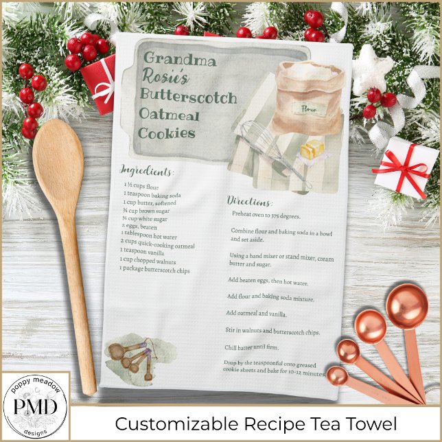 Grandma Recipe | Personlig för Butterscotch Cookie Kökshandduk (Grandma Recipe Rustic Butterscotch Cookie Personalized Kitchen Tea Towel with her name, recipe.)